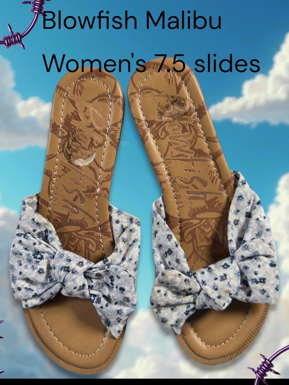 Blowfish Malibu Women's 7.5 Tan Slides with Blue Floral Bow